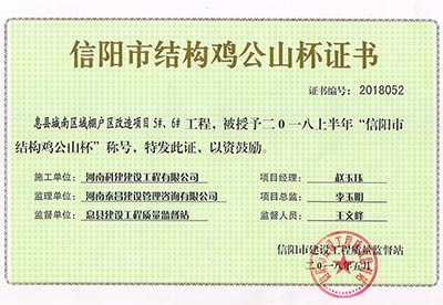 “息縣城南區(qū)域棚戶區(qū)改造項目5#、6#工程”被授予2018上半年“信陽市結構雞公山杯”稱號